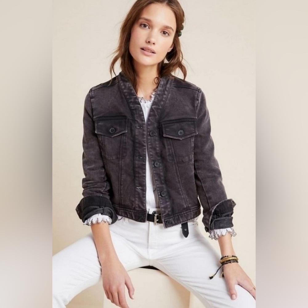 Anthropologie Bibiana Gray Distressed Acid Wash Collarless Denim Jacket Large